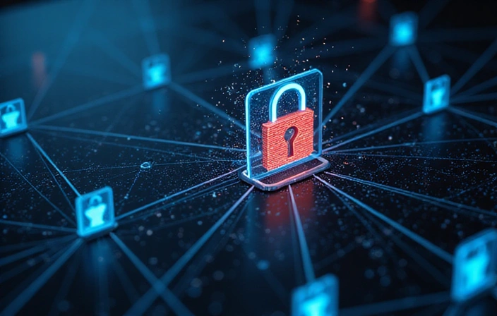 Imagen abstracta de ciberseguridad y protección de datos en un entorno de IA.