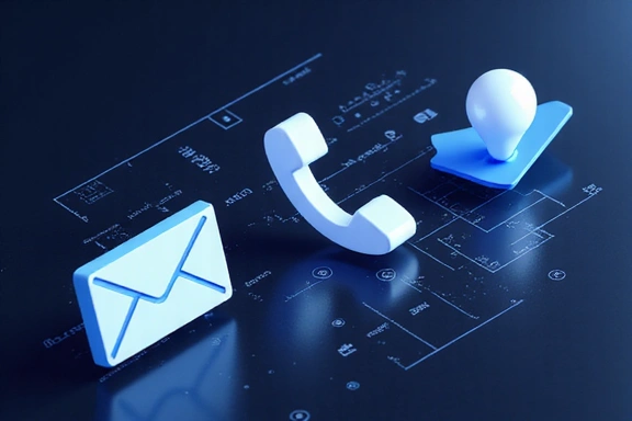 Ilustración de iconos de contacto, como un sobre para email, un teléfono y un marcador de ubicación.