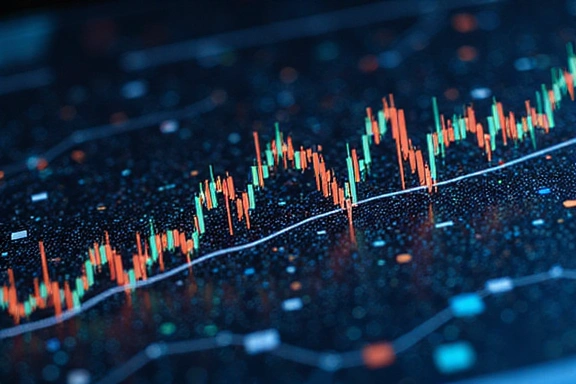 Gráfico de análisis de datos financieros con visualizaciones de IA que muestran patrones y anomalías.